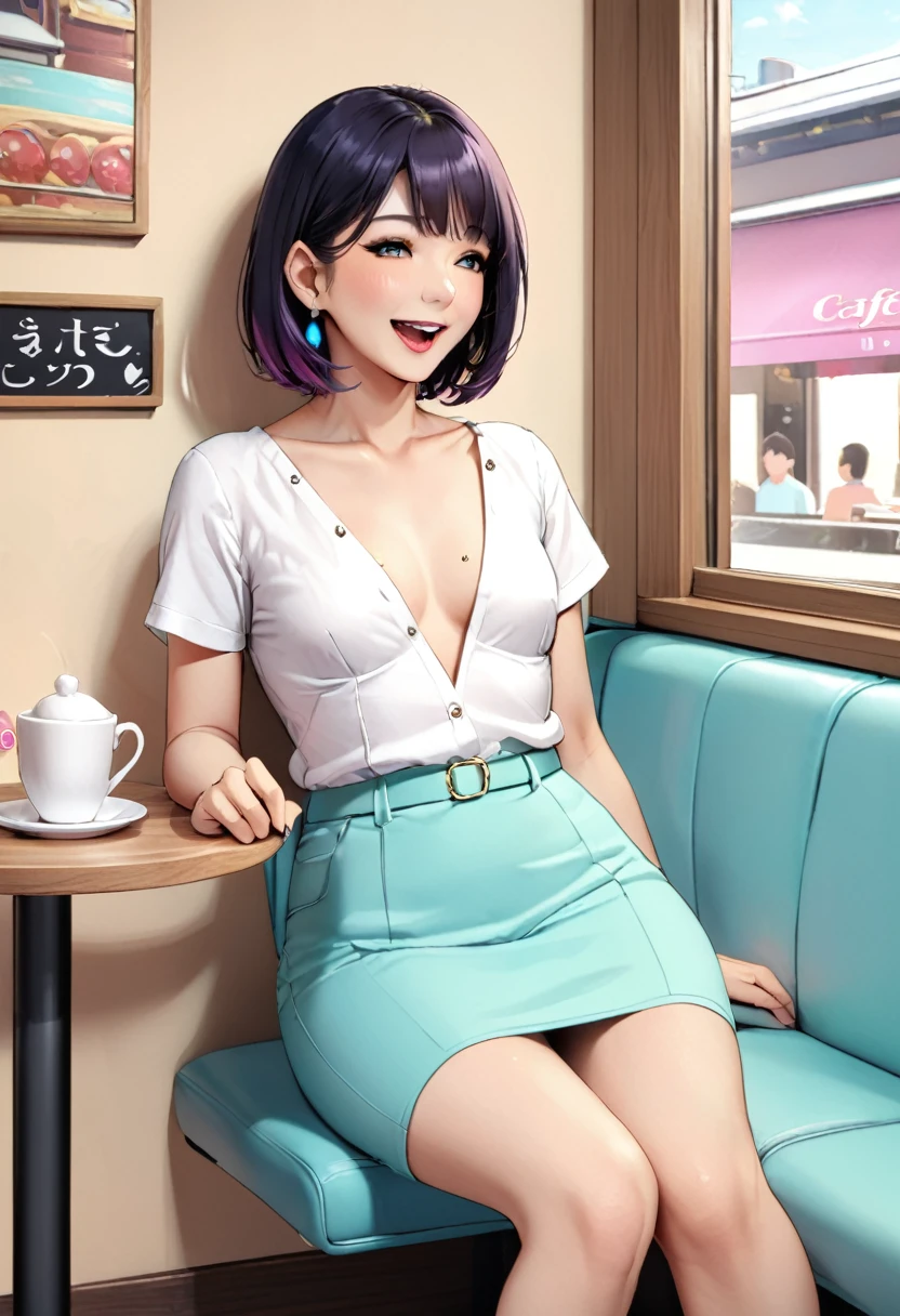 (Masterpiece:1.21),(FHD),(16K),(Top Quality:1.24),(Super Resolution),(Superb Illustration),(Best Shadow),(High Quality),(Super Detail:1.15),(Super Detail), Superb Detail, Elaborate,1 Woman, Japanese Woman,(Housewife:1.5),(40 Years Old:1.3),(Attractive Woman:1.66),(Middle Age:1. 49),Casual, simple blouse,V-neckline,knee-length skirt, blouse in bright colors,pastel shades,(((cafe interior,in room))),(laugh:1.4),(small breast,((graduated haircut)),