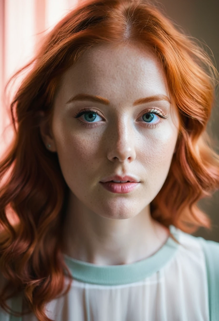 portrait, red hair, shot on Leica, shadowplay, gorgeous lighting, subtle pastel hues, cute, pretty, 8k, 