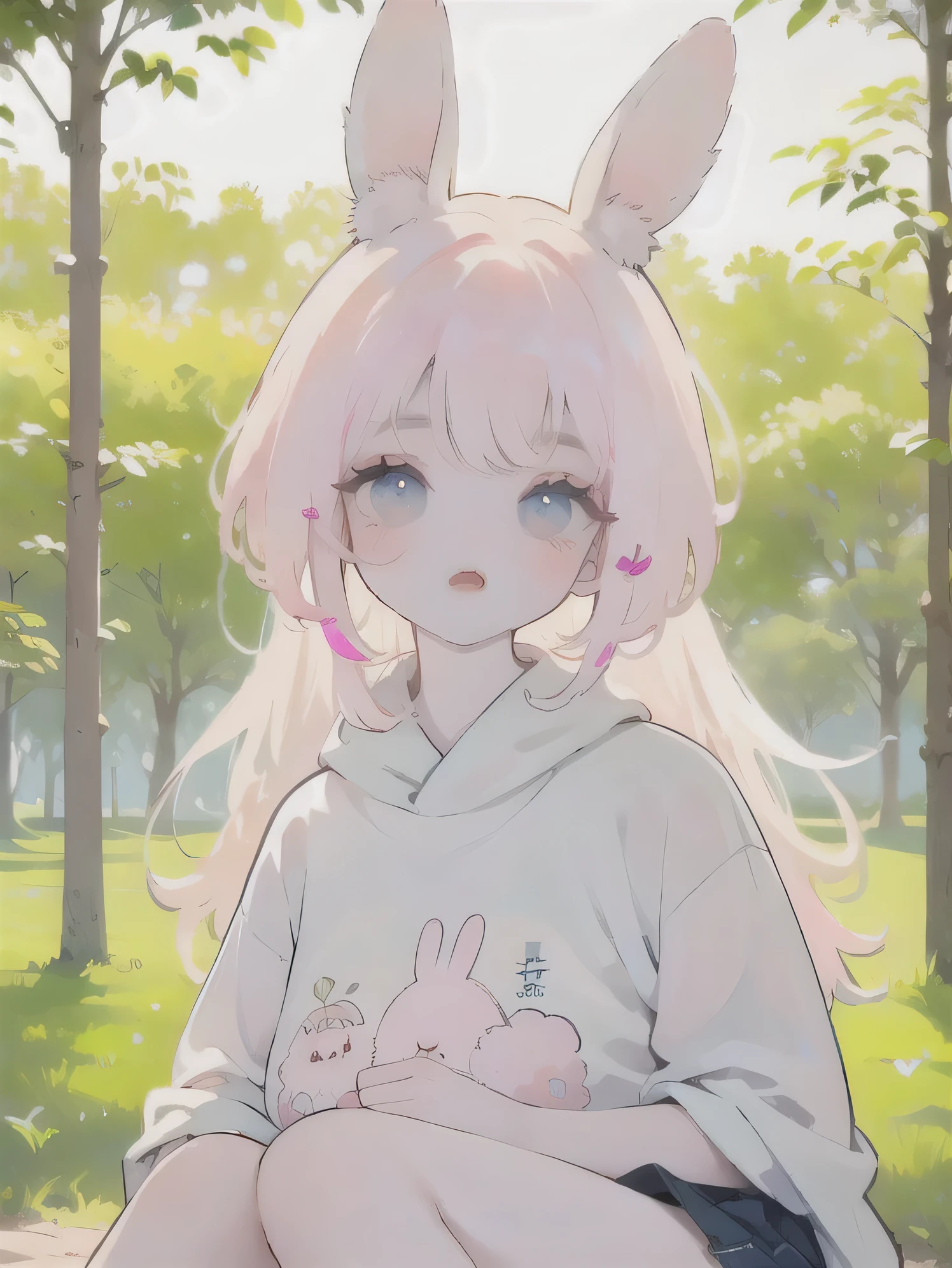 (high quality) (best quality) (a woman) (correct physiognomy) (Perfect students) (perfect eyes) woman with ears bunny in his head, deep pink long fluffy hair pink, two rabbit ears coming out of her head, blue eyes, sensitive lips, feminine appearance, soft facial features, thin eyebrows, soft skin, rosy cheeks, pink lips, silky eyelashes, dreamy expression, middle age, youthful clothes, printed sweatshirt, photo illuminated by sunlight, Woman sitting in the forest.
