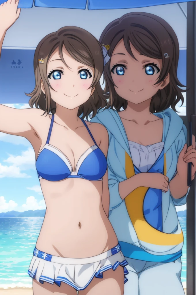 (((pixel-perfect, detail-perfect))), solo, 1girl, you watanabe, eyes azzur, smile, bikini, summer beach, armpit, big filesize, ultra High Qality