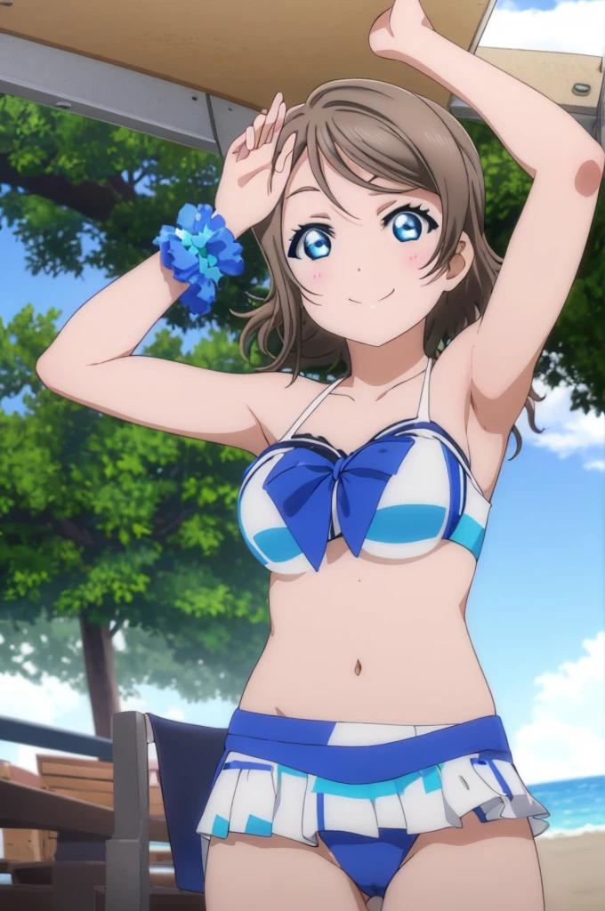 (((pixel-perfect, detail-perfect))), solo, 1girl, you watanabe, eyes azzur, smile, bikini, summer beach, armpit, big filesize, ultra High Qality