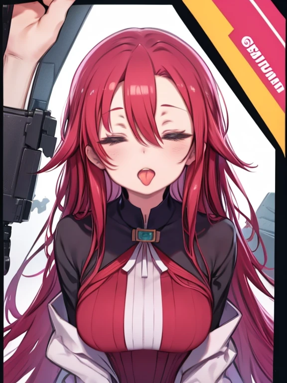 One Woman、Red Hair、Hair between the eyes、long hair、Big Breasts、Close ~ eyes、Focus on the face、Mainly draw the mouth big、Draw the mouth as the main part of the screen、Look up、((Wide open mouth、tongue、long tongue、sticking out the tongue、I can see inside your mouth、Open your mouth and show me your throat))