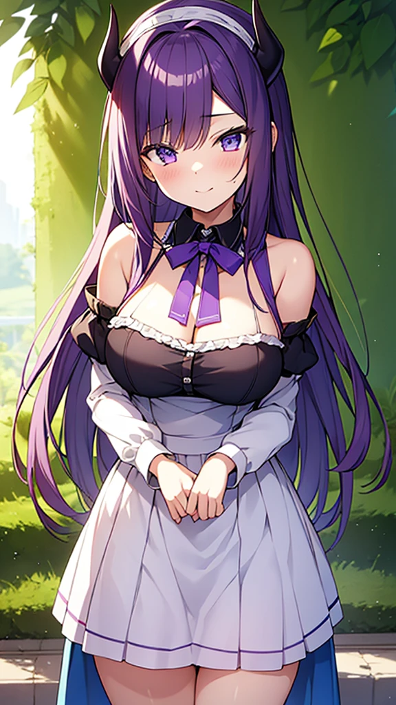 最high quality, high quality, Super detailed, 16K, Ultra-detailed details, pretty girl, alone, beautiful purple hair, Beautiful purple eyes, Big Breasts, A light smile, Summer clothes, Summer Maid clothes, I'm lifting my skirt, Blue and white color striped underwear(Showing her underwear under her skirt), My crotch is wet with love juice, {{A succubus who falls in love with a man steals the facial skin of the girl he loves, transforms her face into that of a girl, and serves the man as a maid.}}, Full body image, NSFW