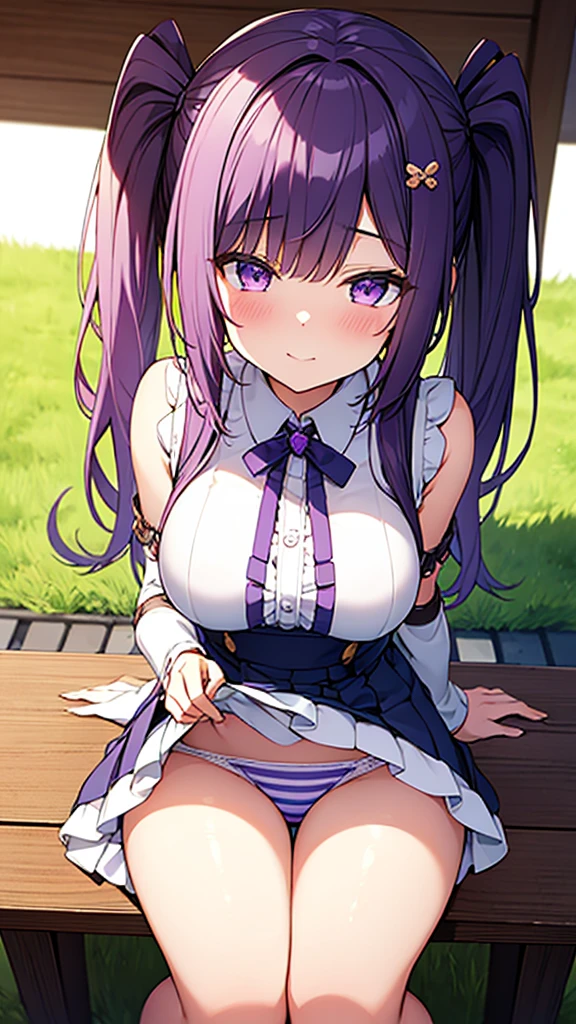 最high quality, high quality, Super detailed, 16K, Ultra-detailed details, pretty girl, alone, beautiful purple hair, Beautiful purple eyes, Big Breasts, A light smile, Summer clothes, Summer Maid clothes, I'm lifting my skirt, Blue and white color striped underwear(Showing her underwear under her skirt), My crotch is wet with love juice, {{A succubus who falls in love with a man steals the facial skin of the girl he loves, transforms her face into that of a girl, and serves the man as a maid.}}, Full body image, NSFW