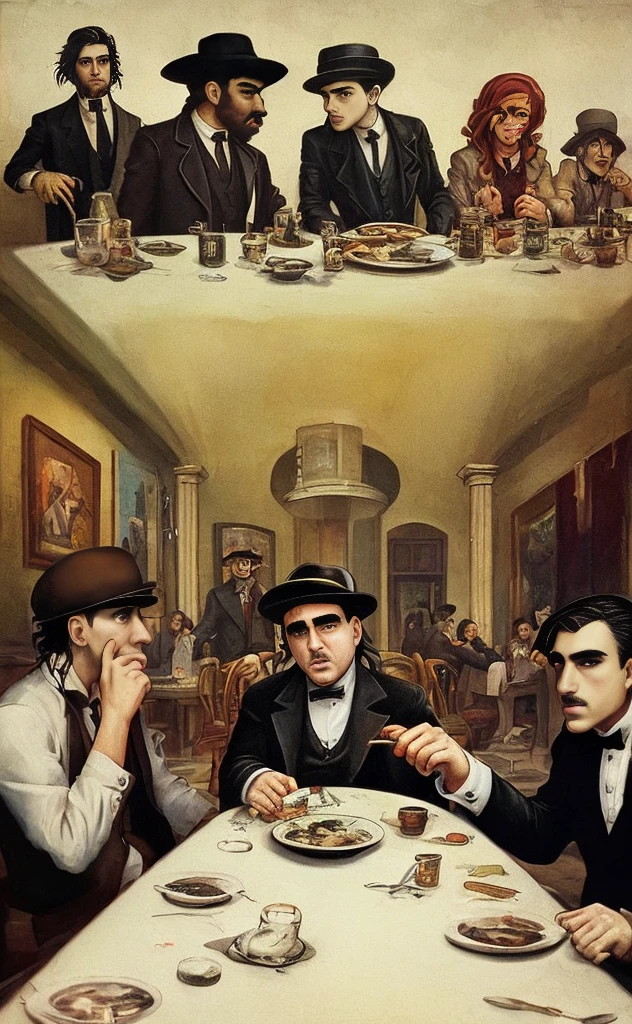 Last Supper painting with Al Capone and The Godfather and sitting and Thomas Shelby and beloved Carrillo Fuentes The Lord of the Skies and Pablo Escobar