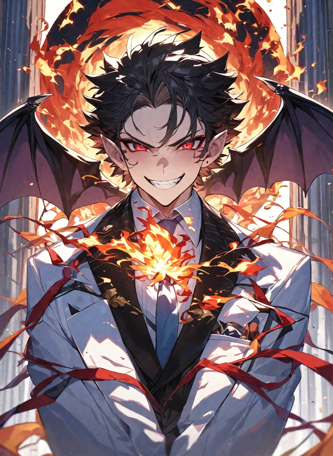 Best quality, one, beautiful, 1 man, with a sporty body, V-shaped body, wide shoulders, in a detailed black British suit, crazy wild and toothy smile, huge bat wings, sharp ears, short black hair, model hair, black sclera and blood red eye iris, a circle of fire around it, against the background of a pillar of flame and full of fire and covered with lights, fiery threads