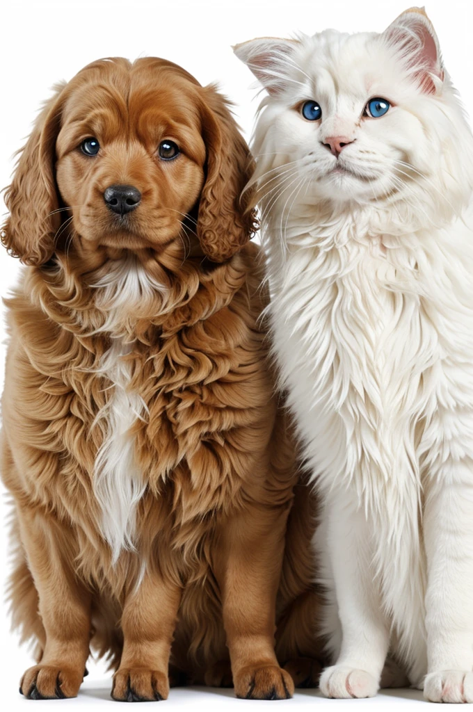 A Cocker breed dog next to an Angora cat on a white background