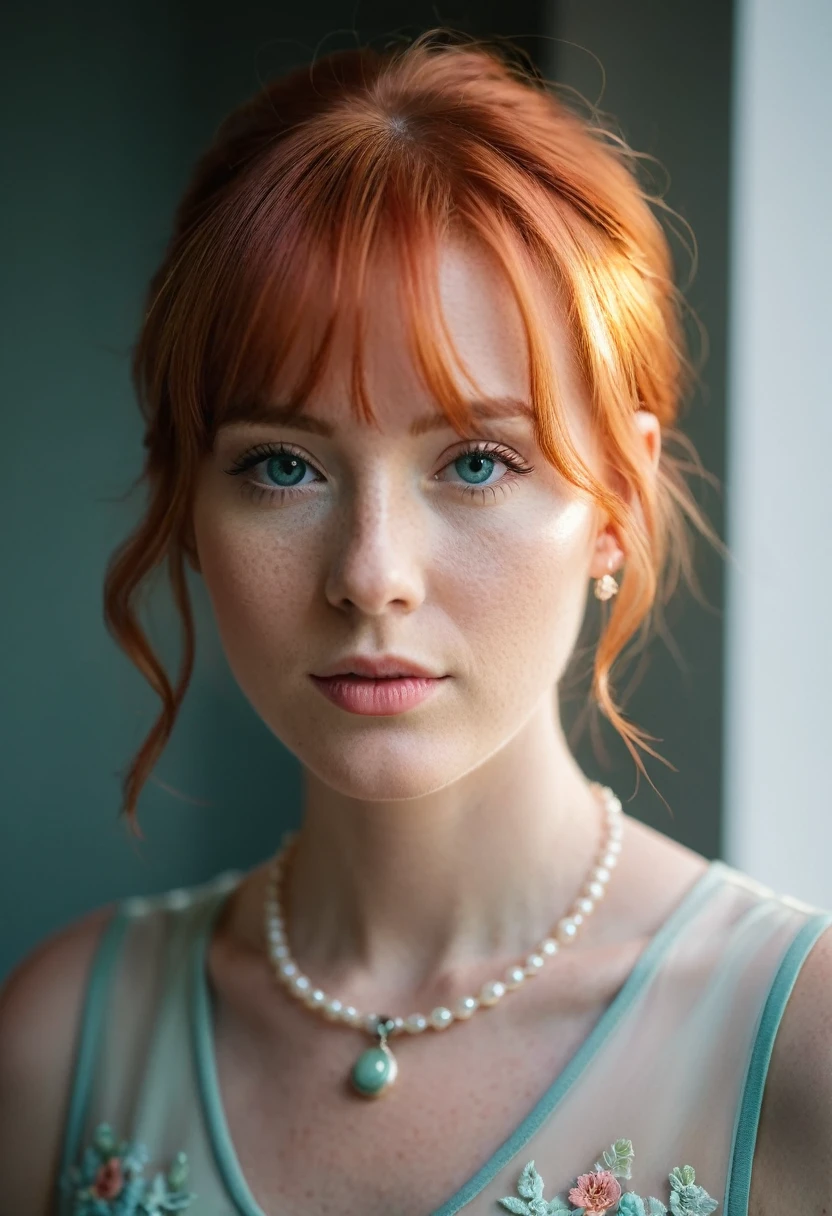 portrait, red hair, shot on Leica, shadowplay, gorgeous lighting, subtle pastel hues, cute, pretty, 8k,