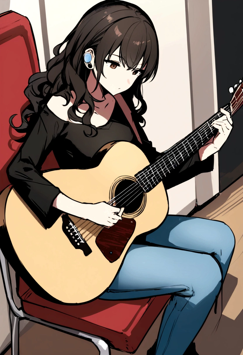 (work of art, maximum quality) 1 girl, musical instrument shop, alone , black blouse , brown dark eyes , holding a giaannini guitar ,earbuds, sit down, containment, guitar pick, instrument, long hair, music , jeans, hinterland , com objetos de アニメs, dynamic angle , Bblack hair , アニメ , Brunetette , wavy hair