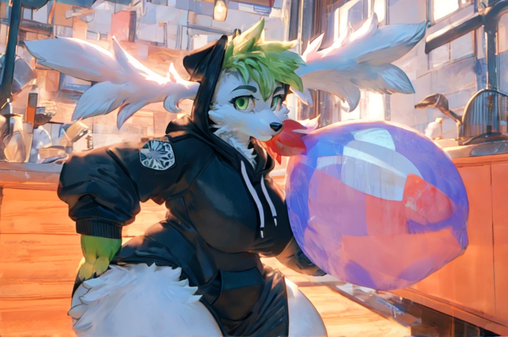 (shaymin:1.1), furry female, anthro, red flower petal, (black hoodie:1.3), solo, (body fur:1.2), (best quality), (detailed urban background:1.2), dramatic lighting, (detailed fluffy fur:1.1), looking at viewer, green eyes, animal ears, (big breasts:1.1), wide waist, wide hips, massive thighs, (big ass:1.1), slightly fat body, wooden house interior, looking at viewer, night, blowing yellow balloon, looner, large balloon