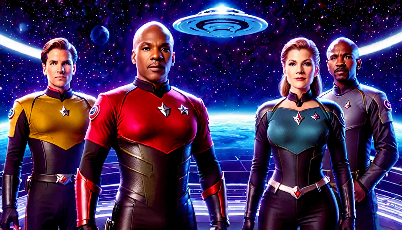 A realistic rendering of five iconic Starfleet captains (Sisko, Archer, Picard, Kirk, (Janeway with large breasts)) standing together, wearing their distinctive uniforms. The background is a starry space scene. Hyper-realistic, vibrant colors, 16k