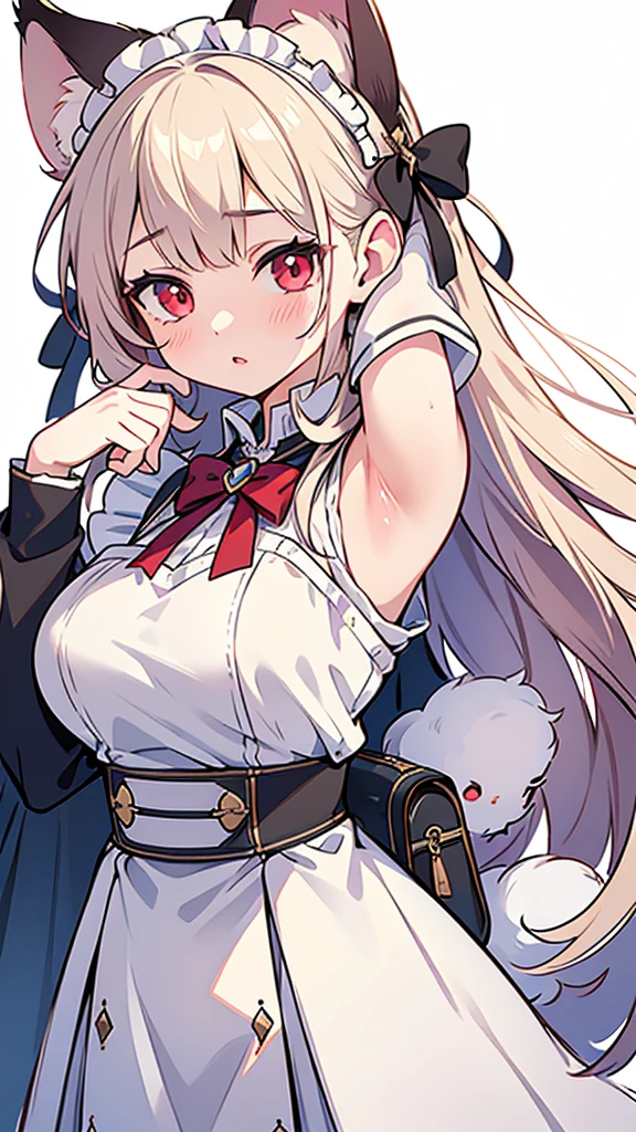 Tsundere 18 year old girl, beautiful and delicate eyes, beautiful lips, Highly detailed eyes and face, long eyelashes, 1girl, white cat ears,foot long bag, Front view, red eyes, (best quality, 4K, 8K, high resolution, masterpiece:1.2), Ultra-detailed, (realistic, realistic, realistic, realistic: 1.37), big bust, Scythe, elegant, fantasy, soft lighting, white background,holding a weapon, maid uniform, Showing armpits,
