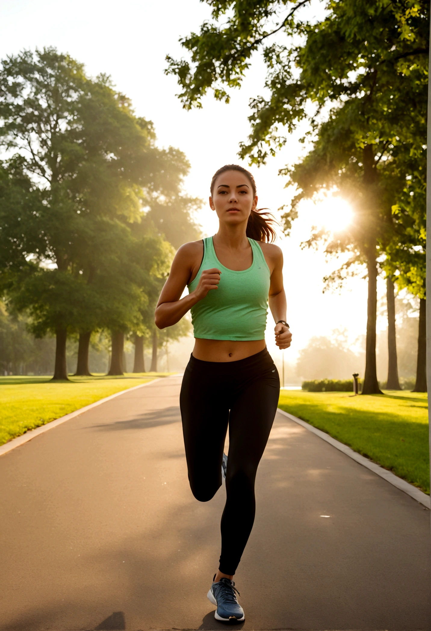 A realistic photo of a young woman jogging in a city park during the early morning. The sun is rising, casting a warm glow on the scene. She is wearing modern athletic gear, including running shoes, leggings, and a tank top. The park has a paved jogging path, lush green trees, and a few other joggers in the background. The atmosphere is vibrant and energetic, with a clear blue sky and a hint of morning mist. The photo should have high resolution and realistic lighting to make it indistinguishable from a real photograph.