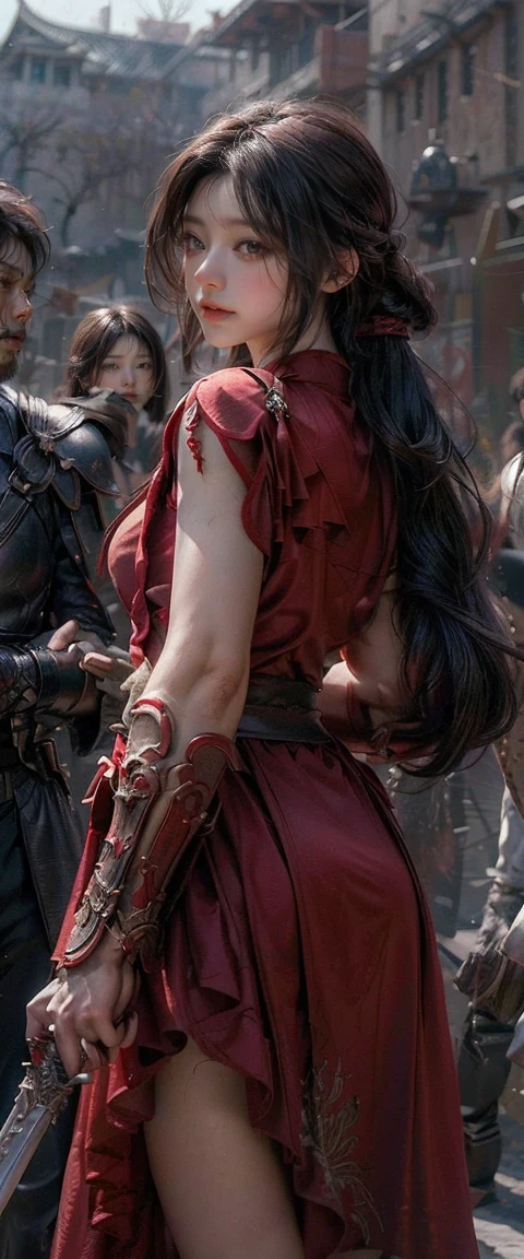 ((Masterpiece, Superior quality, high resolution, photorealistic, RAW, 8K Wallpaper)), A swordswoman dressed as a Chinese., Hero of the Three Kingdoms, (A large sword is held in both hands.), She has long black hair tied back., He wears iron armor and a red cape.., Surrounded by enemy soldiers with a burning city in the background.,