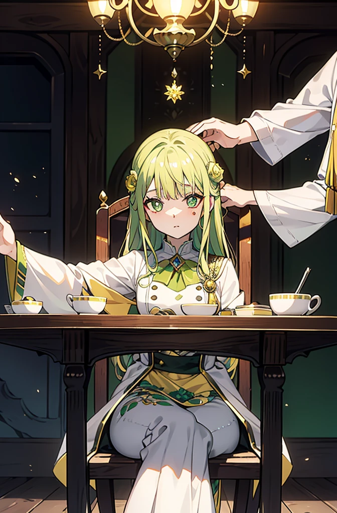 Greenish-yellow hair，Yellow-green pupils，White clothes with green and yellow are embellished with gold and silver ornaments，She is a natural cute girl,conversation room,