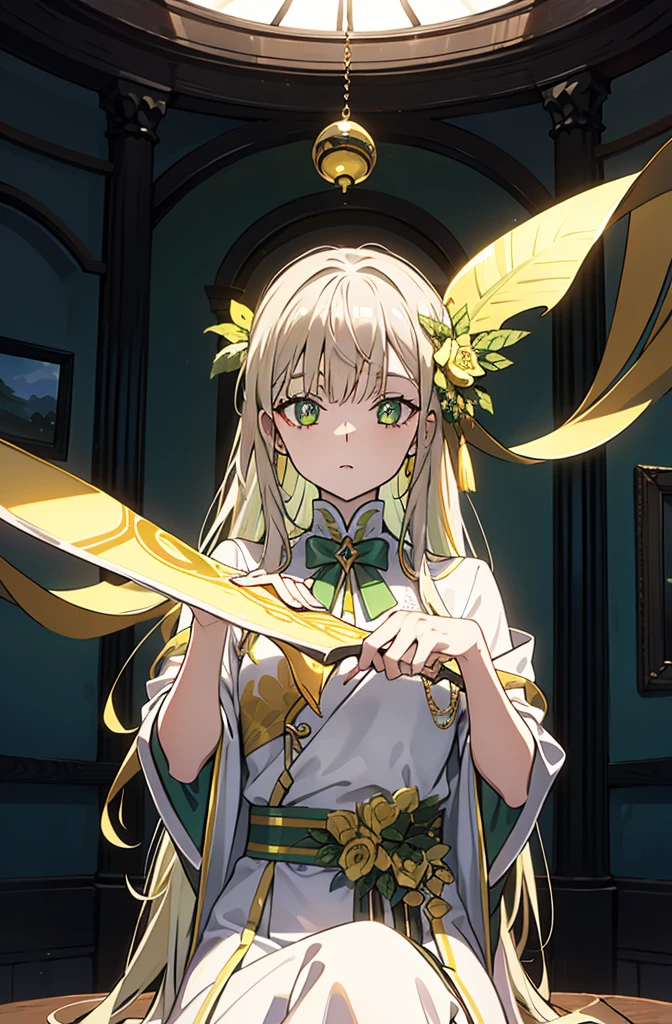 Greenish-yellow hair，Yellow-green pupils，White clothes with green and yellow are embellished with gold and silver ornaments，She is a natural cute girl,conversation room,