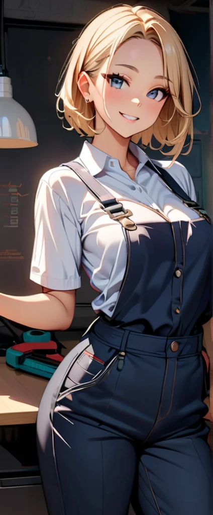 (highest quality:1.2, Very detailed, Latest, Vibrant, Ultra-high resolution, High Contrast, masterpiece:1.2, highest quality, Best aesthetics), Beautiful female mechanic, sexy, Work clothes, Overalls, Best Body Line, Beautiful detailed eyes, A professional and confident smile, Detailed facial features, Elegant hairstyle, Power tools, detailed machine, The work contents written on the wall, A neat and tidy desk, Precision work, Adorable,