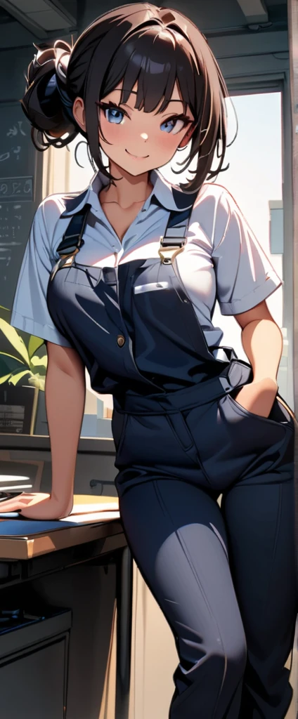 (highest quality:1.2, Very detailed, Latest, Vibrant, Ultra-high resolution, High Contrast, masterpiece:1.2, highest quality, Best aesthetics), Beautiful female mechanic, sexy, Work clothes, Overalls, Best Body Line, Beautiful detailed eyes, A professional and confident smile, Detailed facial features, Elegant hairstyle, Power tools, detailed machine, The work contents written on the wall, A neat and tidy desk, Precision work, Adorable,