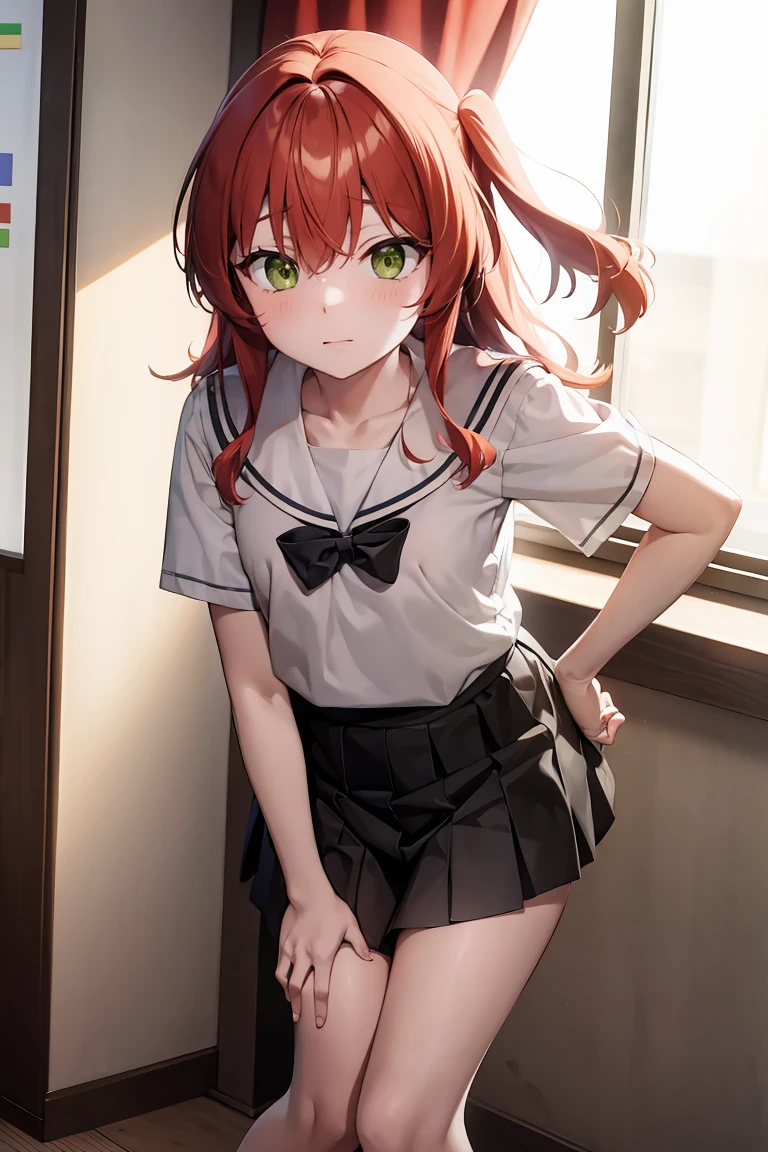 Kitaikuyo, Ikuyo Kita, (Green Eyes:1.5), Hair between the eyes, Long Hair, One side up, Redhead, (Flat Chest:1.2), break black footwear, black skirt, grey Sailor collar, pleated skirt, Sailor collar, , shoes, Short sleeve, skirt,, break looking at viewer, break indoors, classroom, break (masterpiece:1.2), Highest quality, High resolution, unity 8k wallpaper, (shape:0.8), (Beautiful attention to detail:1.6), Highly detailed face, Perfect lighting, Extremely detailed CG, (Perfect hands, Perfect Anatomy)、blush、troubled、crying,(leaning forward:1.4),((Wet crotch)), (((Peeing)))、(puddle)、((Be incontinent))),I want to pee、bladder full, terribly wants to go to the toilet, Push up your pussy with both hands, skirtの裾を手でくしゃくしゃにする, Knees together, Anatomically correct,Kitaikuyo