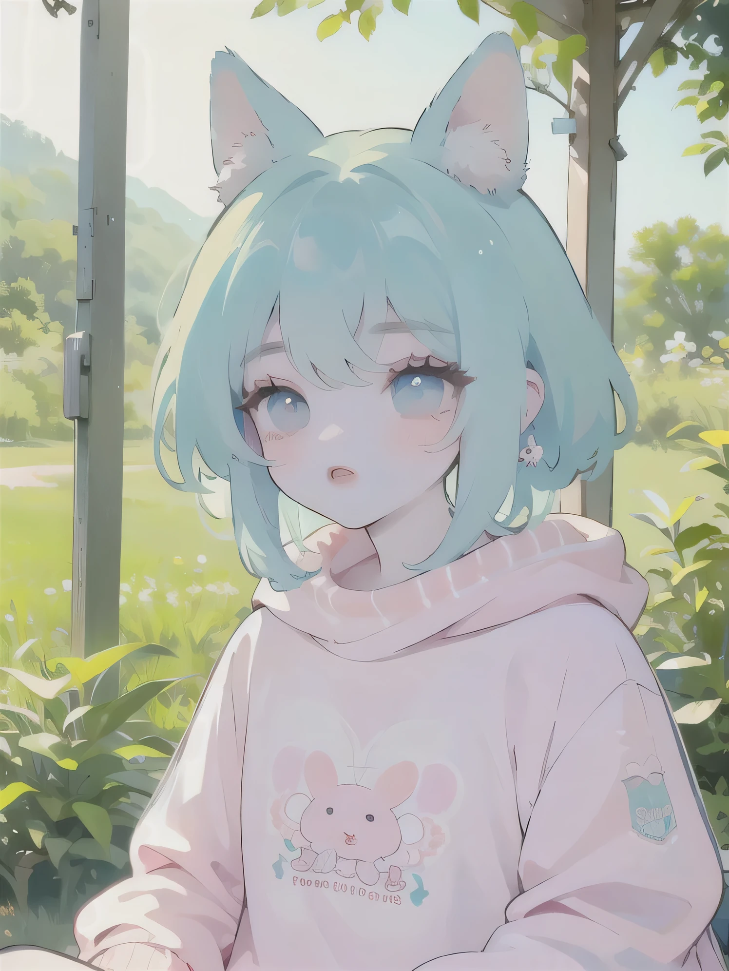 (high quality) (best quality) (a woman) (correct physiognomy) (Perfect students) (perfect eyes) woman with ears bunny in his head, deep pink long fluffy hair pink, two rabbit ears coming out of her head, blue eyes, sensitive lips, feminine appearance, soft facial features, thin eyebrows, soft skin, rosy cheeks, pink lips, silky eyelashes, dreamy expression, middle age, youthful clothes, printed sweatshirt, photo illuminated by sunlight, Woman sitting in the forest.