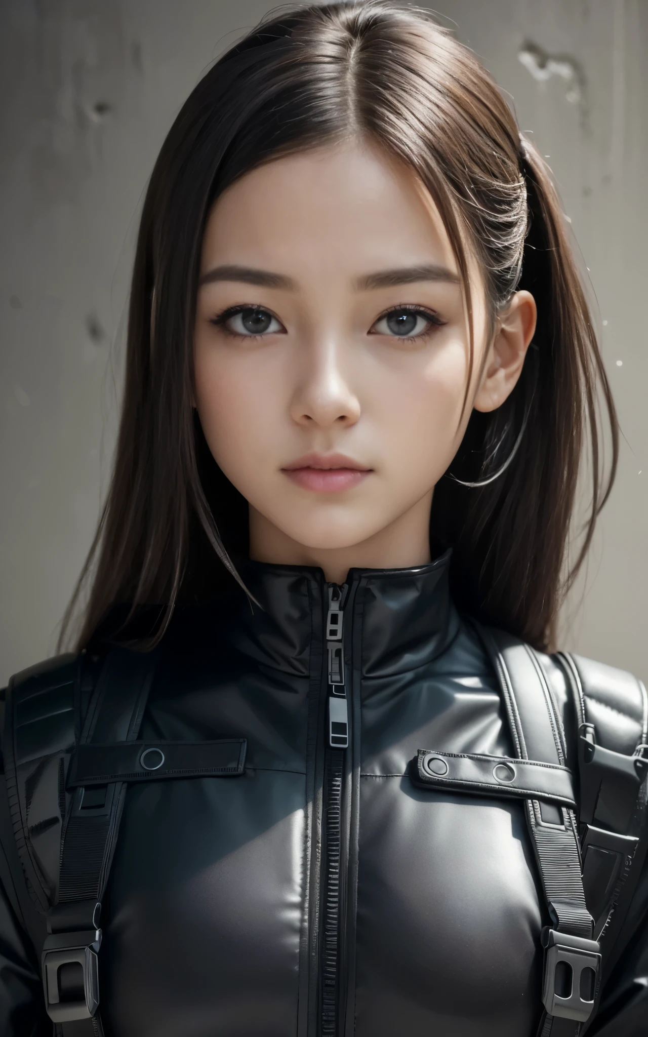 ((Best Quality, 8K, Masterpiece: 1.3, best quality)), photorealistic, photorealism, high resolution, ((face close up:1.2)), (detailed face skin, reallistic, Photorealsitic:1.37), face of 1girl, japanese, looking at the viewer, (Detailed face), medium long hair, (wearing dark rubber suit, tactical vests, military harness, high-tech headset), concrete wall background,