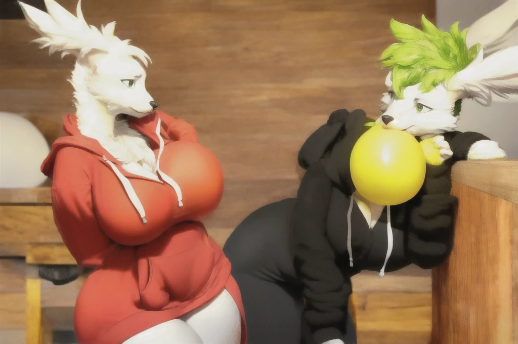(shaymin:1.1), furry female, anthro, red flower petal, (black hoodie:1.3), solo, (body fur:1.2), (best quality), (detailed urban background:1.2), dramatic lighting, (detailed fluffy fur:1.1), looking at viewer, green eyes, animal ears, (big breasts:1.1), wide waist, wide hips, massive thighs, (big ass:1.1), slightly fat body, wooden house interior, looking at viewer, night, blowing yellow balloon, looner, large balloon