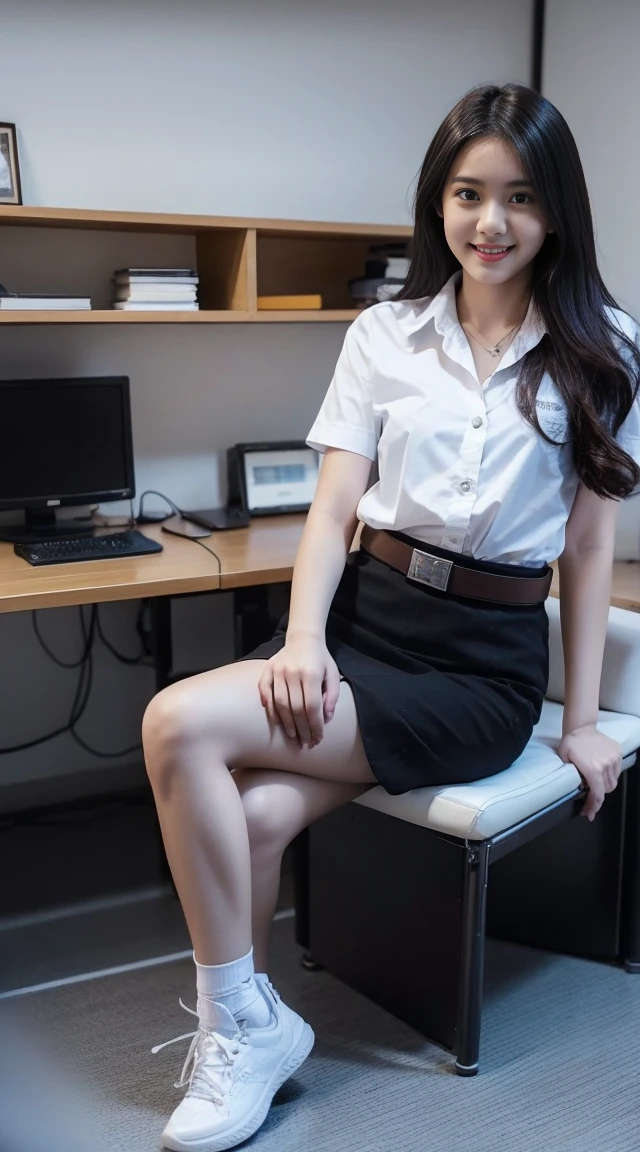 18s woman in Thai university uniform, white shirt, black skirt, brown belt, white sneakers, Sitting wih one leg crossed on a desk, dark background