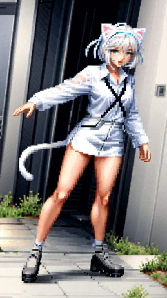 1girl, , , white hair, neko, cat ears, cat tail, white shirt, open clothes,,white background ,full body