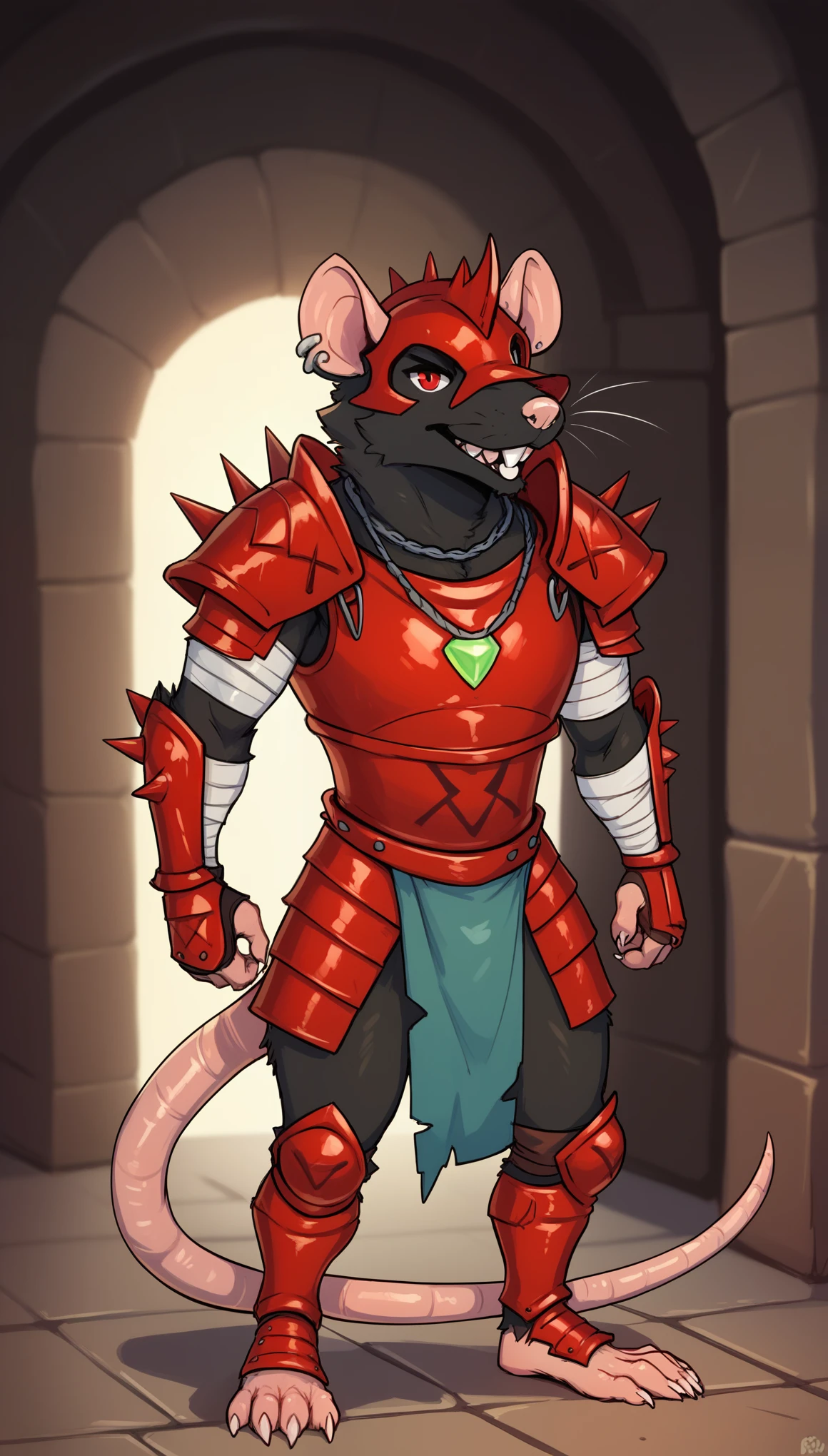 score_9, score_8_up, score_7_up, score_6_up, BREAK, SkavenSWF, anthro furry, furry male, black fur, snout, red eyes, buckteeth, rat teeth, rat ears, rat tail, rat, red helmet, (punk sharp bones on helmet:1.1), red armor, spikes, necklace green jewel, shoulder armor, red breastplate, red guantlet, bandages, red hips armor, grey loincloth, red greaves, barefoot, rat feet, solo, standing, looking at viewer, indoors
