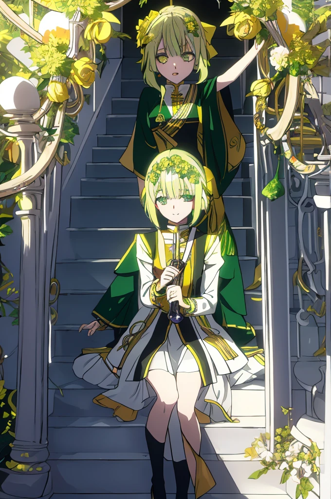 greenish-yellow hair，Yellow-green pupils，Green and yellow white clothes are decorated with gold and silver ornaments，She is a natural cute girl