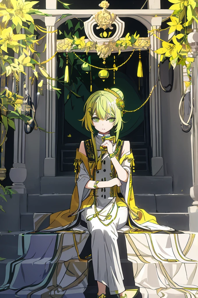 greenish-yellow hair，Yellow-green pupils，Green and yellow white clothes are decorated with gold and silver ornaments，She is a natural cute girl