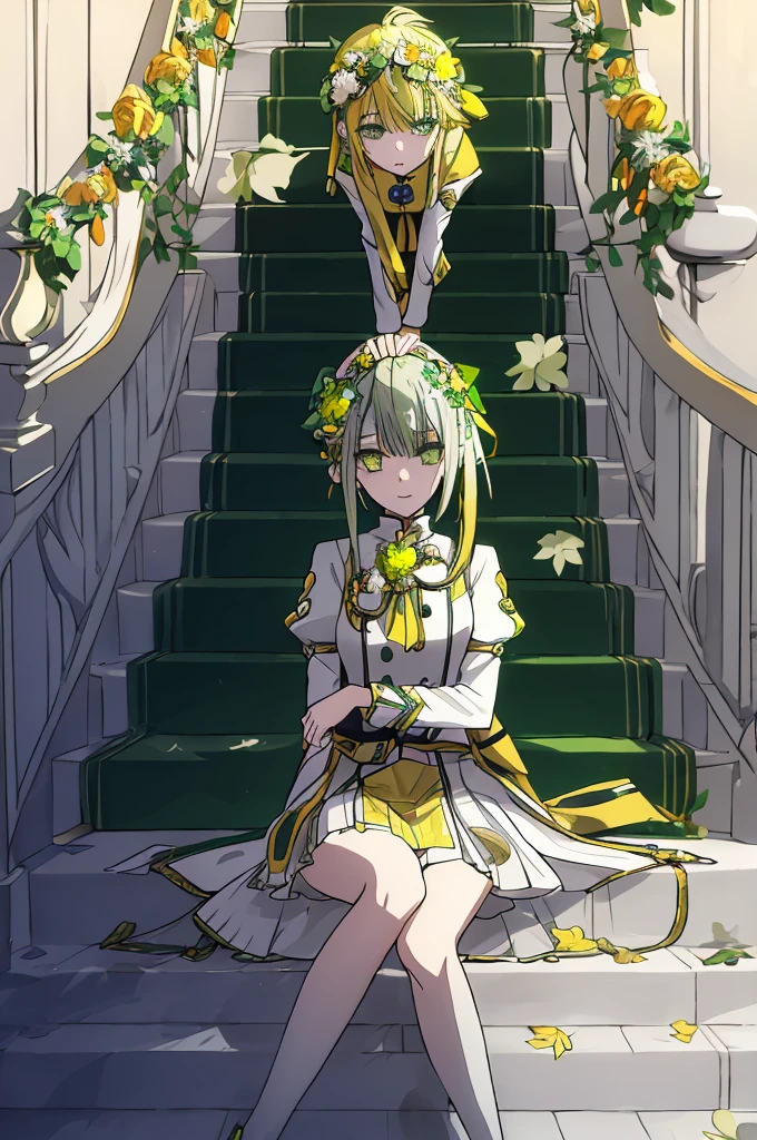 greenish-yellow hair，Yellow-green pupils，Green and yellow white clothes are decorated with gold and silver ornaments，She is a natural cute girl