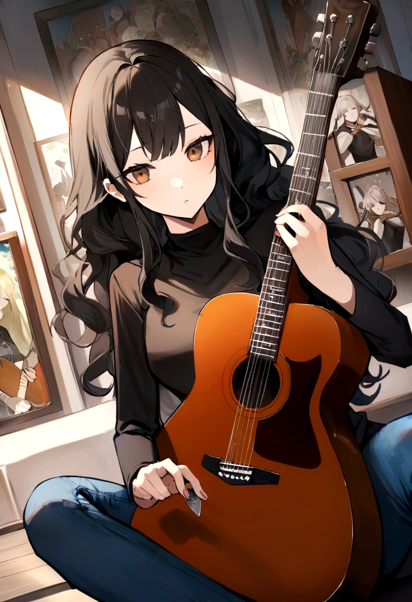 (work of art, maximum quality) 1 girl, musical instrument shop, alone , black blouse , brown dark eyes , holding a giaannini guitar ,earbuds, sit down, containment, guitar pick, instrument, long hair, music , jeans, hinterland , com objetos de アニメs, dynamic angle , Bblack hair , アニメ ,  still skin , wavy hair 