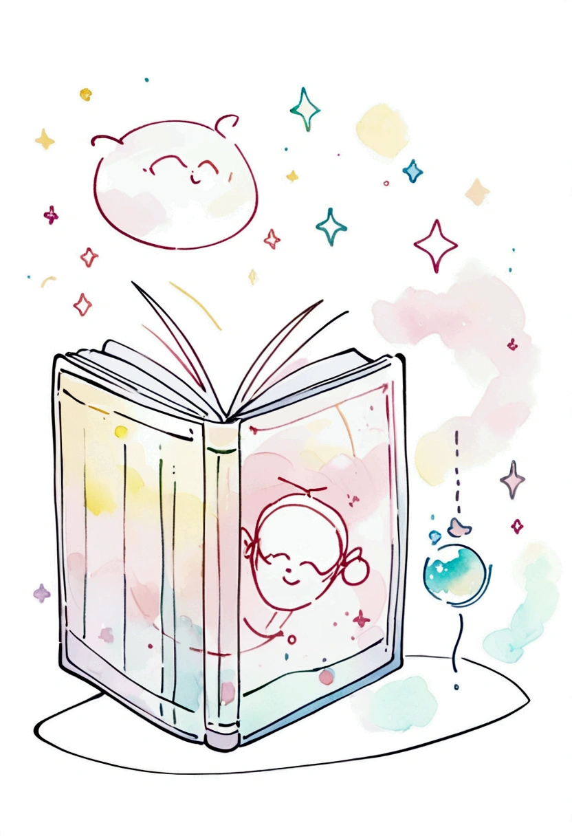 Minimalist doodle of the moon in a book on a white background. Simple line art, pastel watercolor.