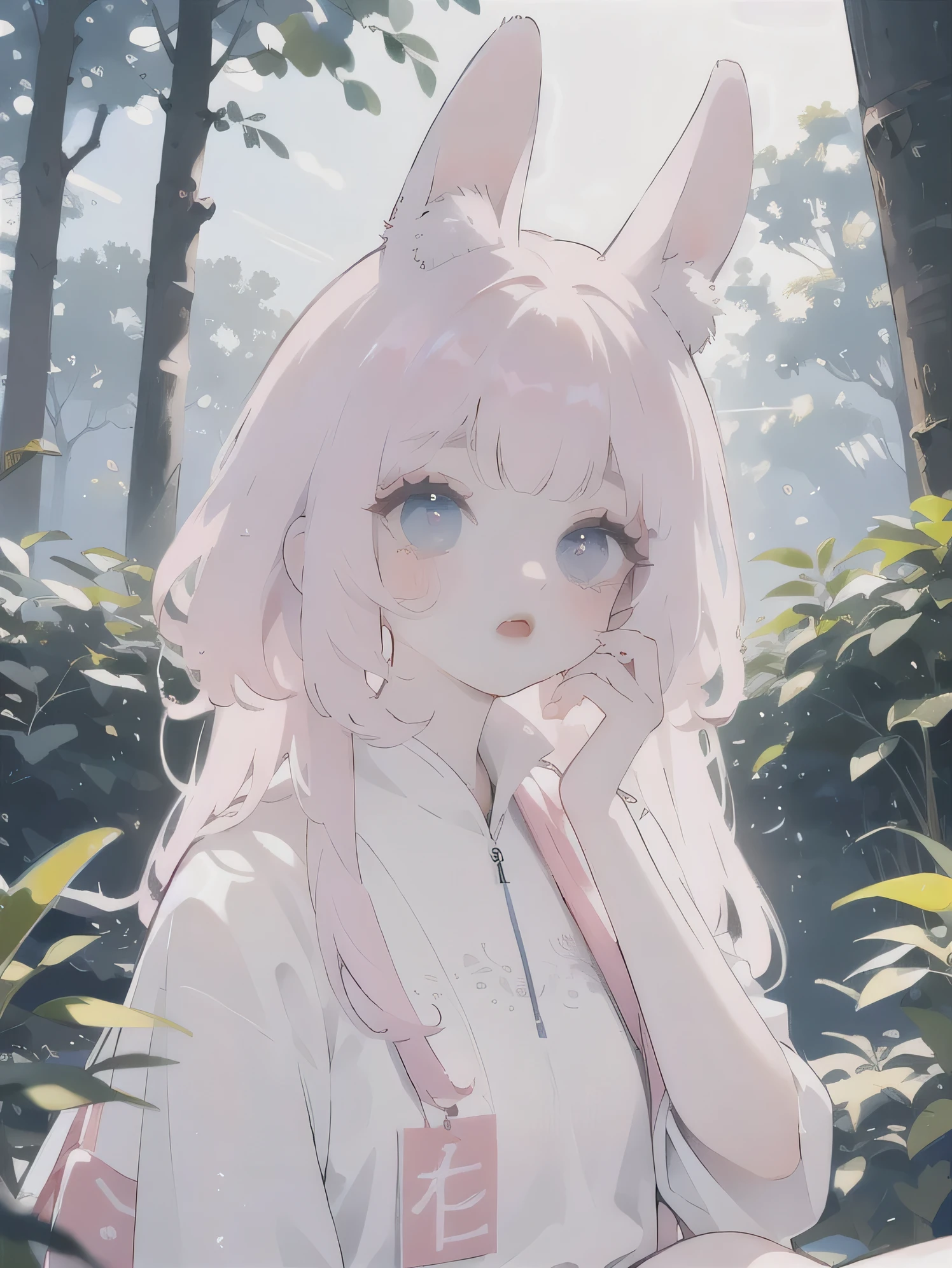 (high quality) (best quality) (a woman) (correct physiognomy) (Perfect students) (perfect eyes) woman with ears bunny in his head, deep pink long fluffy hair pink, two rabbit ears coming out of her head, blue eyes, sensitive lips, feminine appearance, soft facial features, thin eyebrows, soft skin, rosy cheeks, pink lips, silky eyelashes, dreamy expression, middle age, youthful clothes, printed sweatshirt, photo illuminated by sunlight, Woman sitting in the forest.
