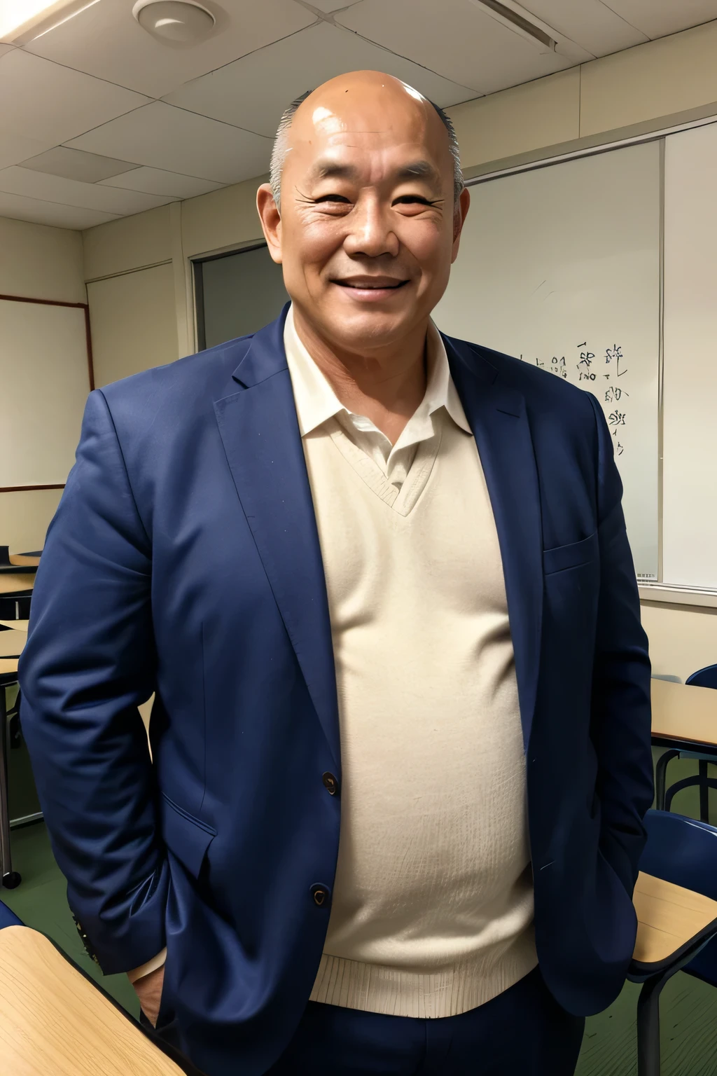 A slightly overweight 63-year-old Japanese man,Simple look,Former rugby player,Less hair,Weight 90kg,elementaryschool teacher,In the classroom,smile,Wearing a suit,A little body hair