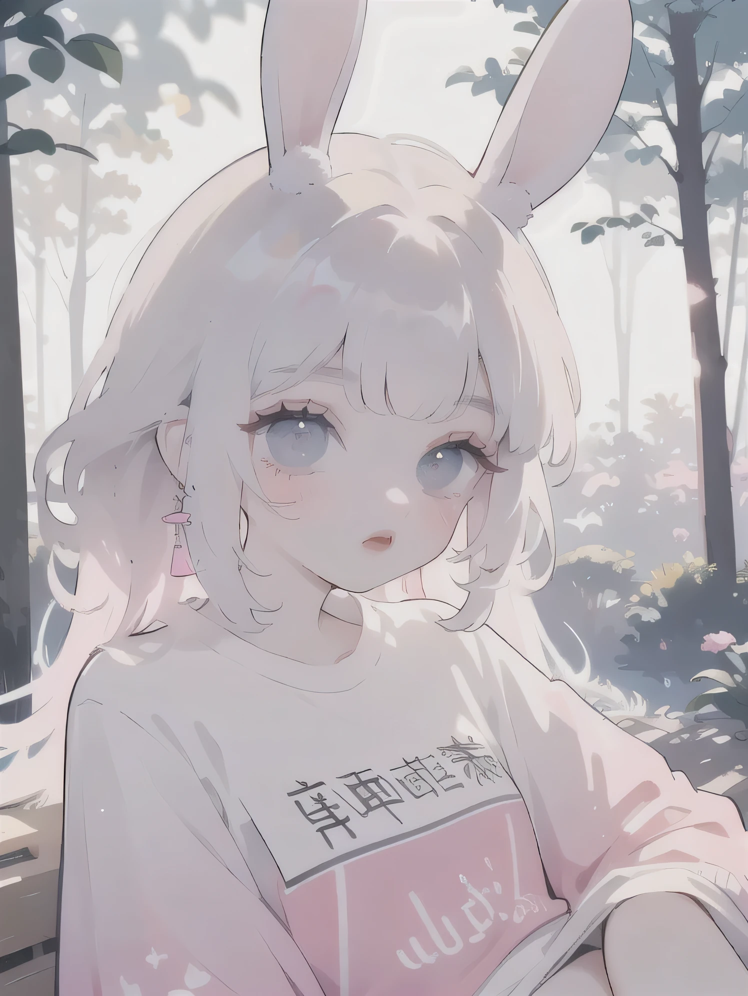 (high quality) (best quality) (a woman) (correct physiognomy) (Perfect students) (perfect eyes) woman with ears bunny in his head, deep pink long fluffy hair pink, two rabbit ears coming out of her head, blue eyes, sensitive lips, feminine appearance, soft facial features, thin eyebrows, soft skin, rosy cheeks, pink lips, silky eyelashes, dreamy expression, middle age, youthful clothes, printed sweatshirt, photo illuminated by sunlight, Woman sitting in the forest.