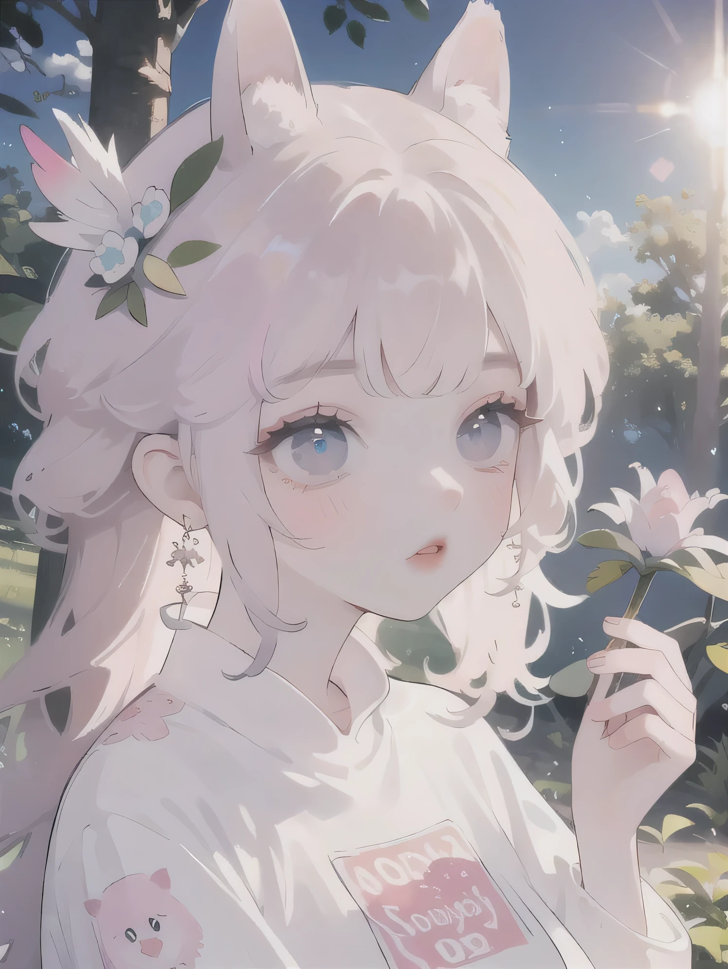 (high quality) (best quality) (a woman) (correct physiognomy) (Perfect students) (perfect eyes) woman with ears bunny in his head, deep pink long fluffy hair pink, two rabbit ears coming out of her head, blue eyes, sensitive lips, feminine appearance, soft facial features, thin eyebrows, soft skin, rosy cheeks, pink lips, silky eyelashes, dreamy expression, middle age, youthful clothes, printed sweatshirt, photo illuminated by sunlight, Woman sitting in the forest.