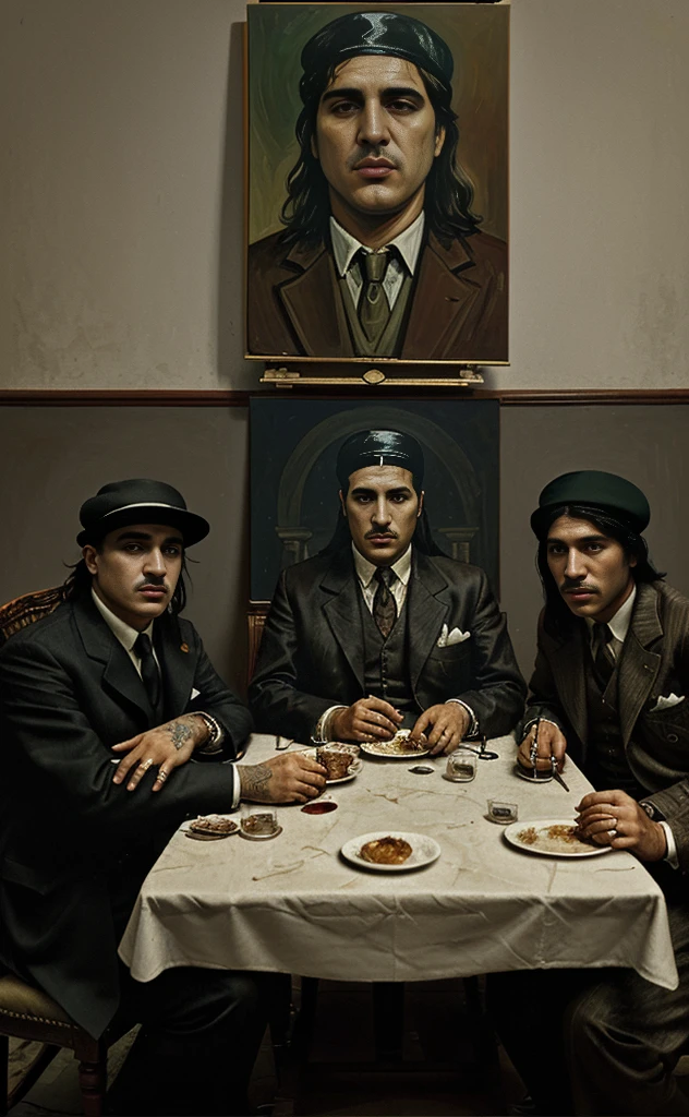Last Supper painting with Al Capone and The Godfather and sitting and Thomas Shelby and beloved Carrillo Fuentes The Lord of the Skies and Pablo Escobar