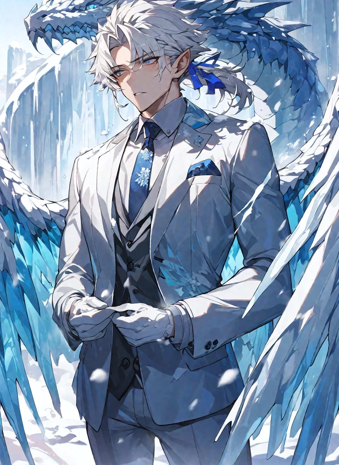 Best quality, one, beautiful, 1 man, with a sporty body, V-shaped body, wide shoulders, in a black British suit, neutral and cold face, large ice dragon wings, sharp ears, short snow-white hair, model hair, white and snow eyes, against the background of a snow pillar, it is covered with snow and covered with ice, ice threads