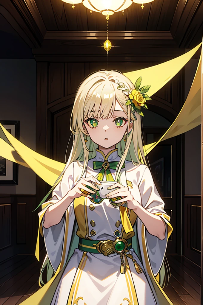 Greenish-yellow hair，Yellow-green pupils，White clothes with green and yellow are embellished with gold and silver ornaments，She is a natural cute girl,conversation room,