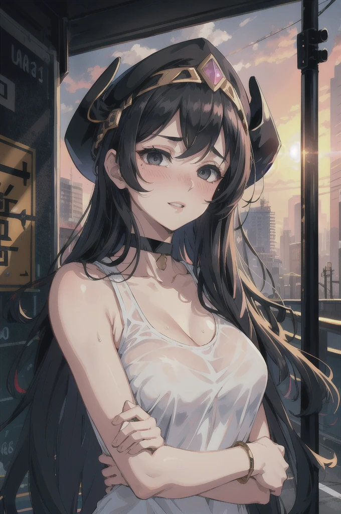 highres, highest quallity, illustration,  ultra detailed, (detailed face), (detailed eyes), soft lighting, best quality, hazy glow, dreamy atmosphere, hyper detailed, masterpiece, 1girl, solo,black long hair, (black eyes:1.2), (white tank top:1.0), luminous eyes, (colorful),from below, outdoors, clouds, tall buildings in background, industrial, public transportation, urban, concrete, sidewalk,summer, black Dhaka topi,black choker, silver bracelet,(wet:0.8),(sweat:0.8) ,(parted lips:1.3),backlighting, Radiant Sunset, Golden Embrace, Vibrant Twilight, Ablaze in Colors, Serenading Sun, bedroom eyes, romantic, looking pleasured, y, (gentle smile,:1.2), (embarrassed,blush:1.3)