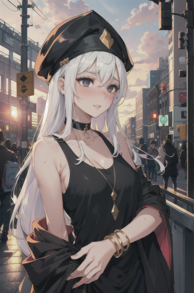 highres, highest quallity, illustration, ultra detailed, (detailed face), (detailed eyes), soft lighting, best quality, hazy glow, dreamy atmosphere, hyper detailed, masterpiece, 1girl, solo,black long hair, (black eyes:1.2), (white tank top:1.0), luminous eyes, (colorful),from below, outdoors, clouds, tall buildings in background, industrial, public transportation, urban, concrete, sidewalk,summer, black Dhaka topi,black choker, silver bracelet,(wet:0.8),(sweat:0.8) ,(parted lips:1.3),backlighting, Radiant Sunset, Golden Embrace, Vibrant Twilight, Ablaze in Colors, Serenading Sun, bedroom eyes, romantic, looking pleasured, y, (gentle smile,:1.2), (embarrassed,blush:1.3)