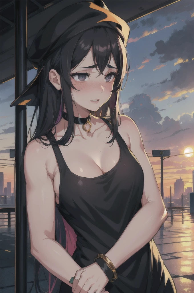 highres, highest quallity, illustration, ultra detailed, (detailed face), (detailed eyes), soft lighting, best quality, hazy glow, dreamy atmosphere, hyper detailed, masterpiece, 1girl, solo,black long hair, (black eyes:1.2), (white tank top:1.0), luminous eyes, (colorful),from below, outdoors, clouds, tall buildings in background, industrial, public transportation, urban, concrete, sidewalk,summer, black Dhaka topi,black choker, silver bracelet,(wet:0.8),(sweat:0.8) ,(parted lips:1.3),backlighting, Radiant Sunset, Golden Embrace, Vibrant Twilight, Ablaze in Colors, Serenading Sun, bedroom eyes, romantic, looking pleasured, y, (gentle smile,:1.2), (embarrassed,blush:1.3)