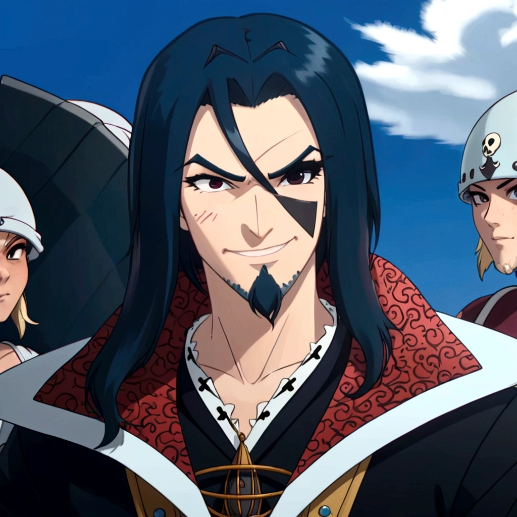 mMan with an eye patch, pirate eye patch, black eye patch, eye patch on the right eye, Bblack hair, bluish shine hair, slickedback hair, long hair, hair tied at the end, hair divided in the middle, Red eye, straight scar, scar not nose, straight scar acima do nariz, chin beard, sideways smile, smiling to the left, inquisitor, work Radiant, character Dart Dragunov