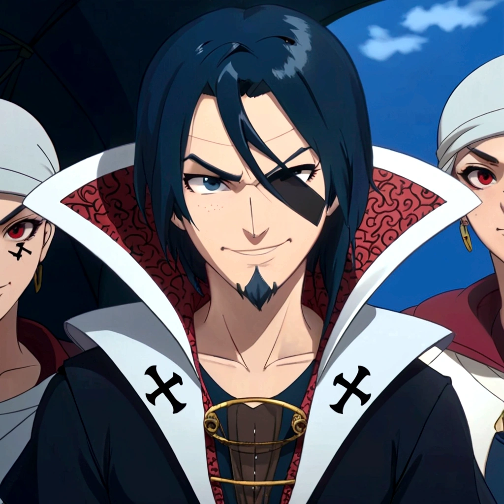 mMan with an eye patch, pirate eye patch, black eye patch, eye patch on the right eye, Bblack hair, bluish shine hair, slickedback hair, long hair, hair tied at the end, hair divided in the middle, Red eye, straight scar, scar not nose, straight scar acima do nariz, chin beard, sideways smile, smiling to the left, inquisitor, work Radiant, character Dart Dragunov