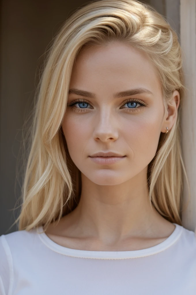 portait d'une femme d'une vingtaine d'années ; cheveux blond; yeux bleu; elle possède un piercing aux nez;