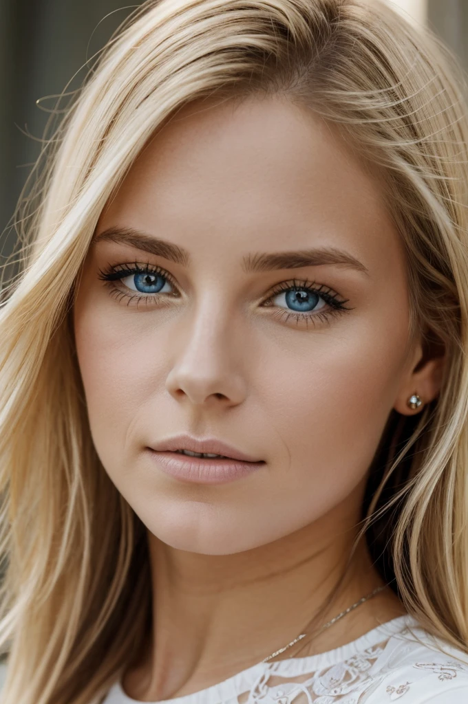 portait d'une femme d'une vingtaine d'années ; cheveux blond; yeux bleu; elle possède un piercing aux nez;