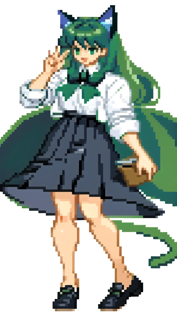 1girl, , , greenhair, neko, cat ears, cat tail, white shirt, open clothes,,white background ,full body