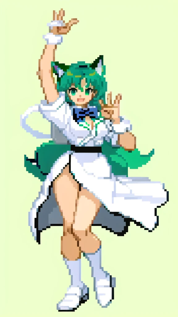 1girl, , , greenhair, neko, cat ears, cat tail, white shirt, open clothes,,white background ,full body